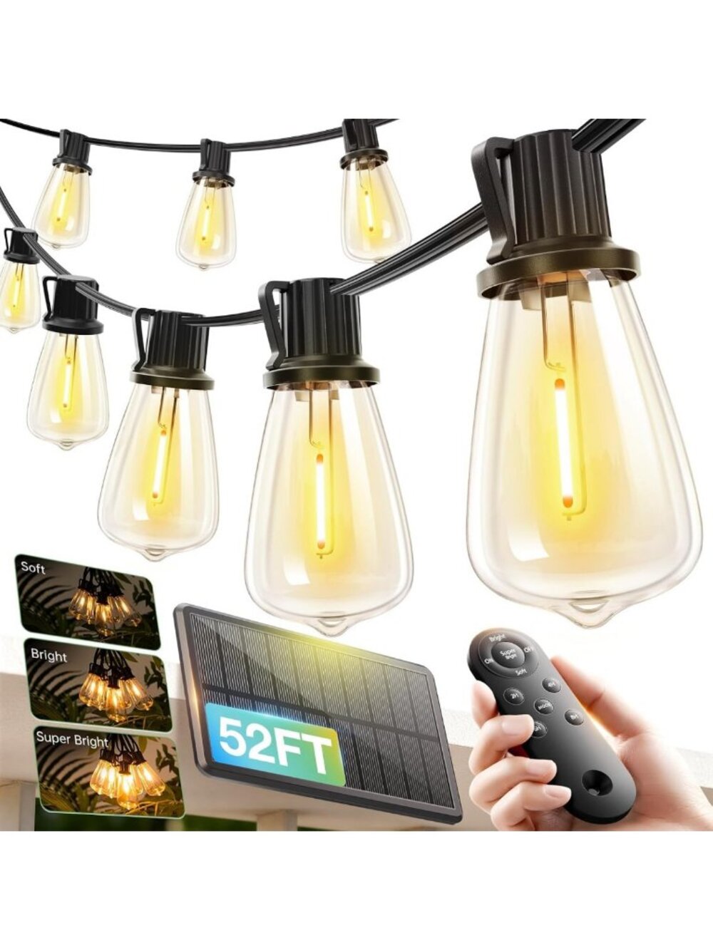 52FT Solar String Lights - Waterproof, Remote Dimmable, Shatterproof Bulbs, USB
